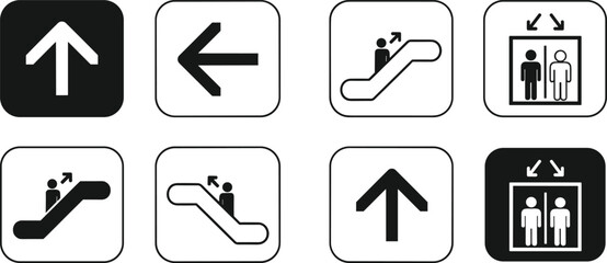 Minimalist wayfinding icons set featuring arrows escalator symbols and elevator signage for modern public transport buildings and urban navigation systems © World_Of_Vector