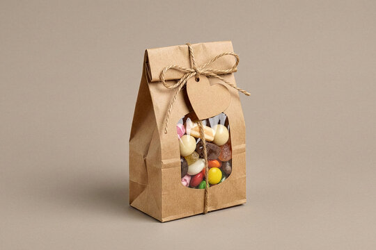 Rustic brown kraft paper gift bag with heart tag and clear window filled with colorful candies