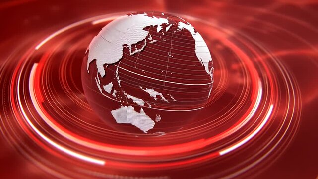 A futuristic globe spins on a digital red background with concentric circles and lines.