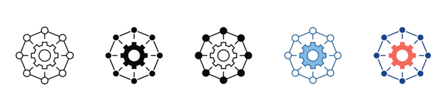 Versatile icon set illustrating a core technological concept of an interconnected system with a central gear, representing network configuration, data processing, and digital infrastructure management