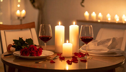 A romantic candlelit dinner, wine, and a table full of roses. Valentine's Day concept.