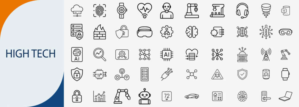 High tech and future technology icons set, thin line artificial intelligence robotics and digital innovation vector illustration