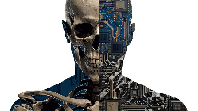 Skull cyborg android circuit motherboard technology artificial intelligence transhumanism concept, half skeleton merged with electronic board, mortality and digital evolution, isolated on white
