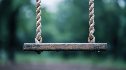 An empty swing hangs quietly in a rain-soaked park, evoking feelings of nostalgia and solitude, symbolizing childhood memories and the passage of time.