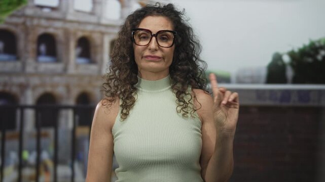Woman with curly hair wearing glasses and a sleeveless top points her finger at the roman coliseum facade; defiance.