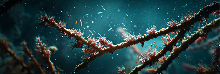 Coral branches break under the weight of a crawler. Tiny fish swim quickly in all directions. Particles drift slowly through the water in an underwater setting, banner