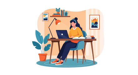 Fototapeta premium Woman working from home on laptop in cozy, well-lit home office setup with plants and artwork