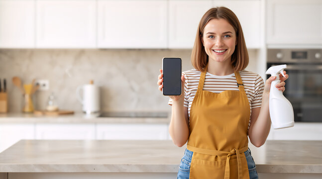 Woman in yellow apron holding a smartphone and cleaning spray bottle. Professional house cleaner showing mobile app screen in a modern kitchen. Home service and housekeeping concept