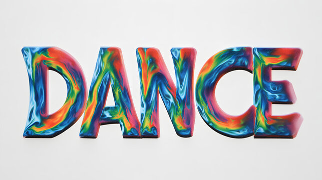 Dynamic Modern Typography featuring a Vibrant, Colorful, Abstract, Swirling Liquid Text. 'Dance' word rendered with energetic, flowing patterns.