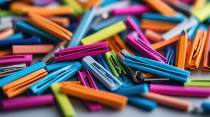 A lively assortment of colorful paper clips scattered across a surface, capturing the vibrancy and organization associated with creative office supplies.