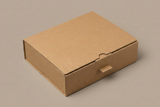 Closed rectangular brown kraft cardboard mailing box with front tuck tab closure
