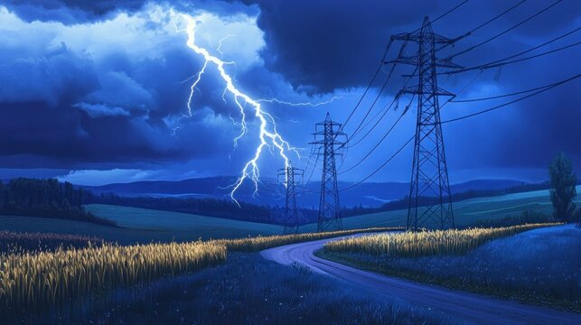 Stormy night landscape with power lines