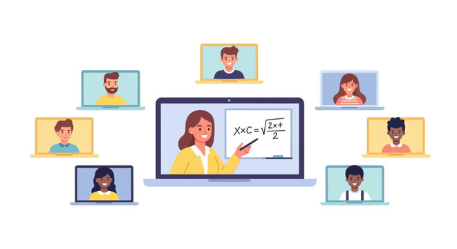 Diverse group of students attending an online class or virtual meeting on their laptops