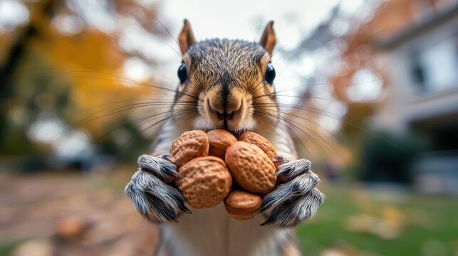 A close-up view of a fluffy squirrel proudly holding multiple nuts in its paws, showcasing the charm and curiosity of wildlife in a colorful autumn setting.