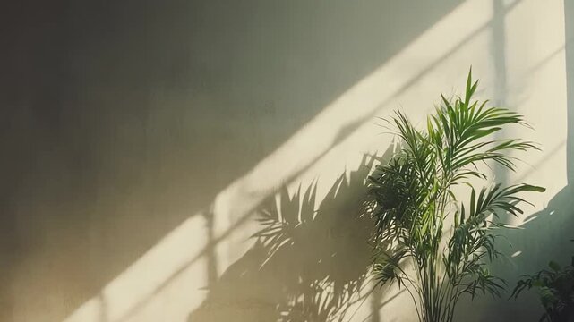 Modern interior space featuring a large potted plant and a square plinth illuminated by strong sunlight, casting dramatic shadows of foliage and window frames across the textured wall
