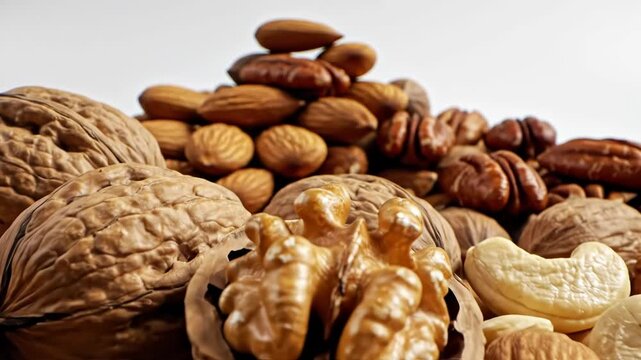 Assorted nuts on a white surface, including walnuts, almonds, and cashews, great for snacking