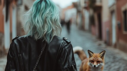 Obraz premium A stylish woman with mint-green hair walks through a quaint cobblestone street, accompanied by a curious fox, embodying a whimsical and enchanting urban vibe.