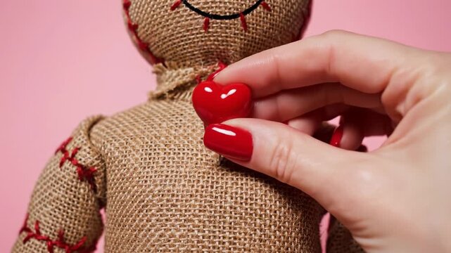 A hand sticks a heart pin into a burlap voodoo doll. This represents heartbreak and revenge for Anti Valentine Day. Use for content about breakups, dark humor, or emotional healing after relations.