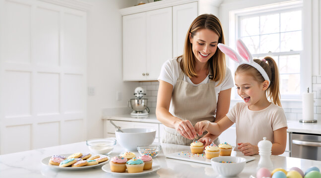 Mother and daughter decorating cupcakes for Easter in a bright kitchen. Happy family baking together. Woman and child with bunny ears preparing spring treats