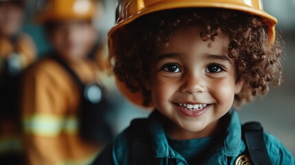 A charming young boy radiating joy in firefighter costume with an orange helmet, symbolizing courage and dreams of helping others, representing future heroes.