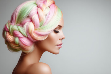 Fototapeta premium Woman with intricately braided pastel rainbow hair poses gracefully against a soft gray background showcasing vibrant colors and smooth skin highlighting elegant facial features