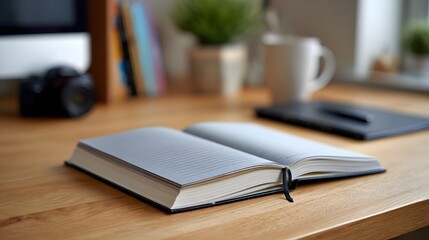 Fototapeta premium An open notebook with a bookmark rests on a wooden desk with office supplies blurred in the background