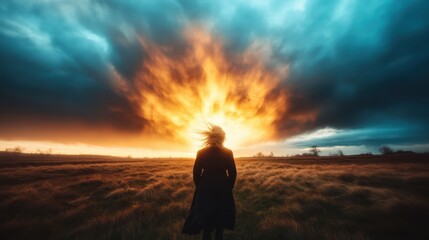 Obraz premium A striking scene featuring a lone figure against a fiery sunset, evoking emotions of solitude and contemplation amidst dramatic clouds and illuminated landscape.
