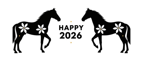 Chinese New Year 2026 Year of the Horse celebration banner with black horse silhouettes and white floral patterns isolated on white background