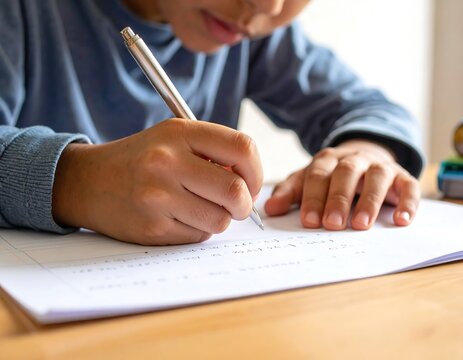 Close up of a young boy writing on a piece of paper with a metal pen