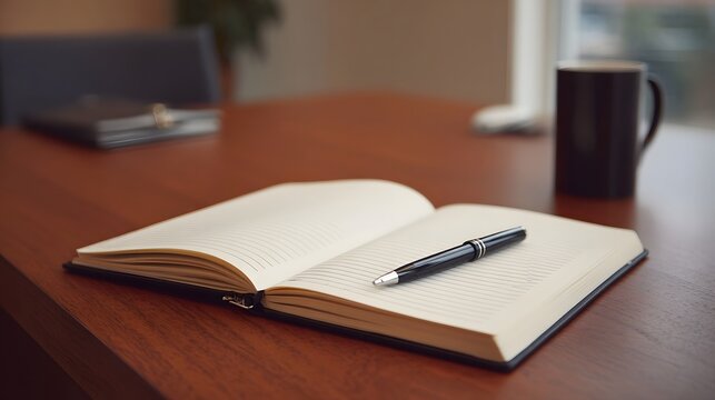 Open notebook and pen on a wooden desk ready for notes planning and focused work