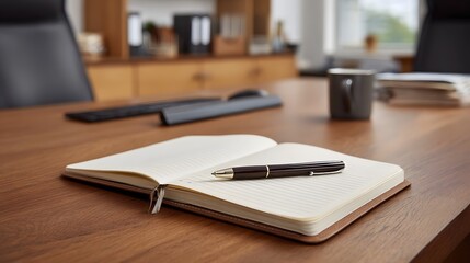 Open notebook with pen on a wooden desk in a professional office environment