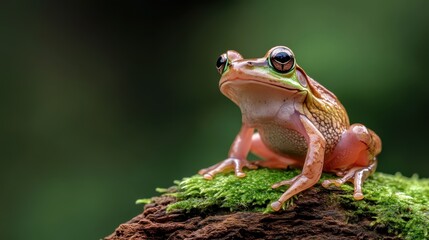Obraz premium A stunning close-up of a frog perched on moss, showcasing rich details and vibrant colors that highlight nature's beauty and the essence of life in a lush environment.