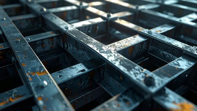 Industrial Grid: An overhead view of a complex industrial grid, showcasing the intricate patterns of steel bars and bolts, a study in textures and lines.