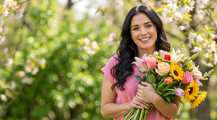 Naklejka premium Happy woman holding a colorful flower bouquet in a spring garden. Smiling female with mixed floral arrangement outdoors