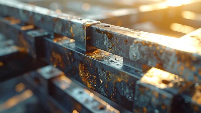 Industrial Steelwork Close-up: A close-up view reveals a series of sturdy steel beams, bearing the marks of time and industry, forming a robust framework bathed in the glow of industrial illumination.