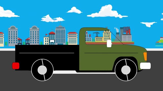 Animated Pickup Truck Driving in City Background Loop