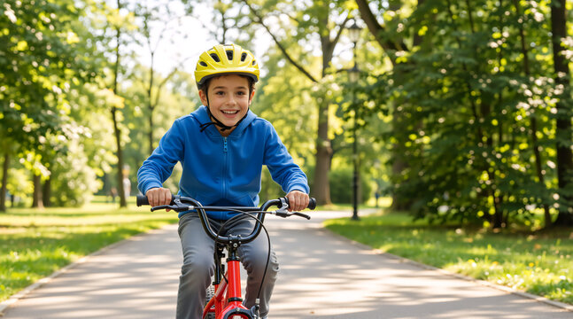 Happy young boy riding a red bicycle in a green park. Smiling child cyclist wearing a yellow safety helmet outdoors