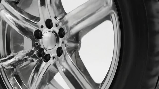 Shiny alloy car wheel with black tire on a white background