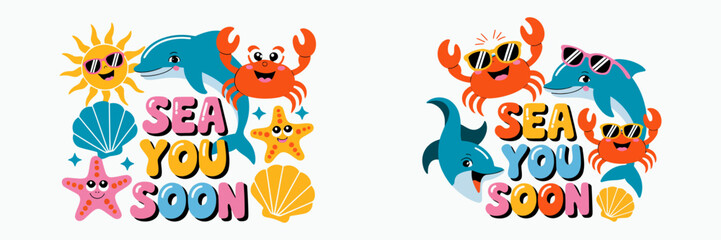 Obraz premium Cheerful beach themed illustration with colorful sea creatures summer icons and friendly message ideal for branding decor posters cards social media content and seasonal designs