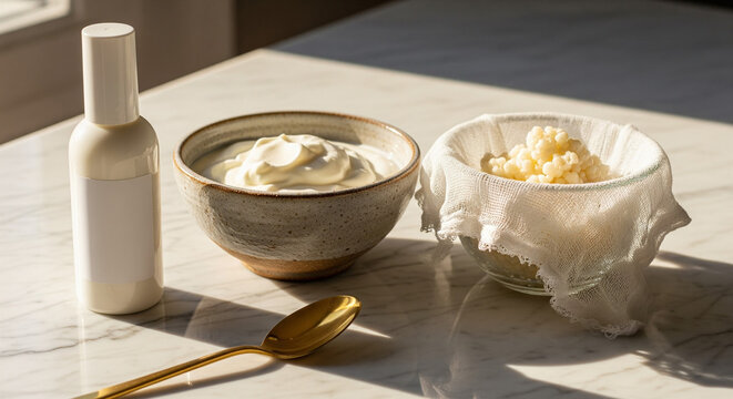 Fresh homemade white kefir grains in cheesecloth next to a bowl of creamy probiotic yogurt and cosmetic bottle on a marble surface.