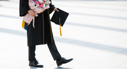 Close-up of the legs of a graduate walking confidently in a graduation gown.