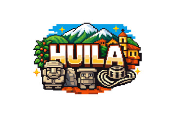 Colorful retro huila landscape with mountains and heritage icons in pixel art style