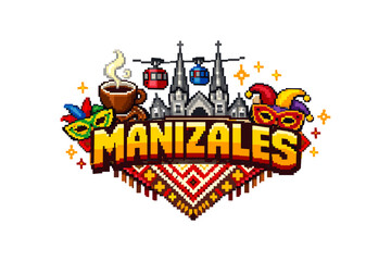 Fototapeta premium Colorful manizales pixel art with coffee and cable cars