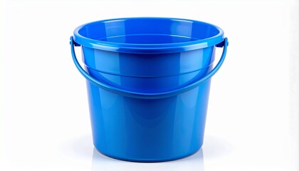 A simple blue plastic bucket with a handle, used for cleaning, gardening, or household chores, is shown in a studio shot isolated against a clean, reflective white background with copy space.