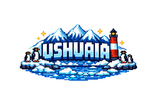 Pixel art ushuaia scene with penguins, lighthouse, and snowy mountains