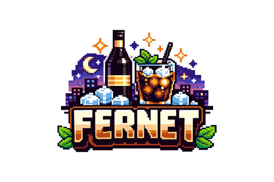 Retro nighttime fernet drink with ice and cityscape in pixel art style