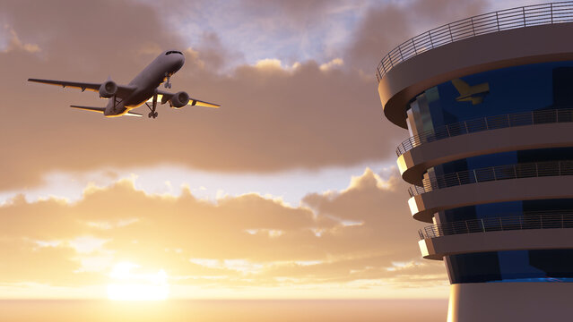 Airport control tower and departing passenger plane. Airline transportation idea concept. Travel by plane, vacation. Aviation. Aircraft flying in blue sky. Airport traffic control tower