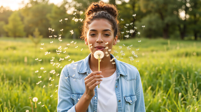 Young woman blowing dandelion seeds in a green meadow. Happy female in denim shirt enjoying nature at sunset. Summer lifestyle concept