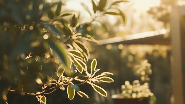 Green leaves on a tree branch absorb the vibrant warm light of the golden hour, creating a beautiful natural glow and tranquil garden atmosphere outdoors
