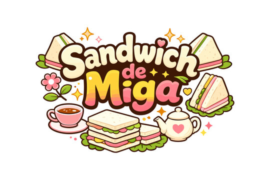 Colorful cartoon sandwich de miga with tea set and floral accents